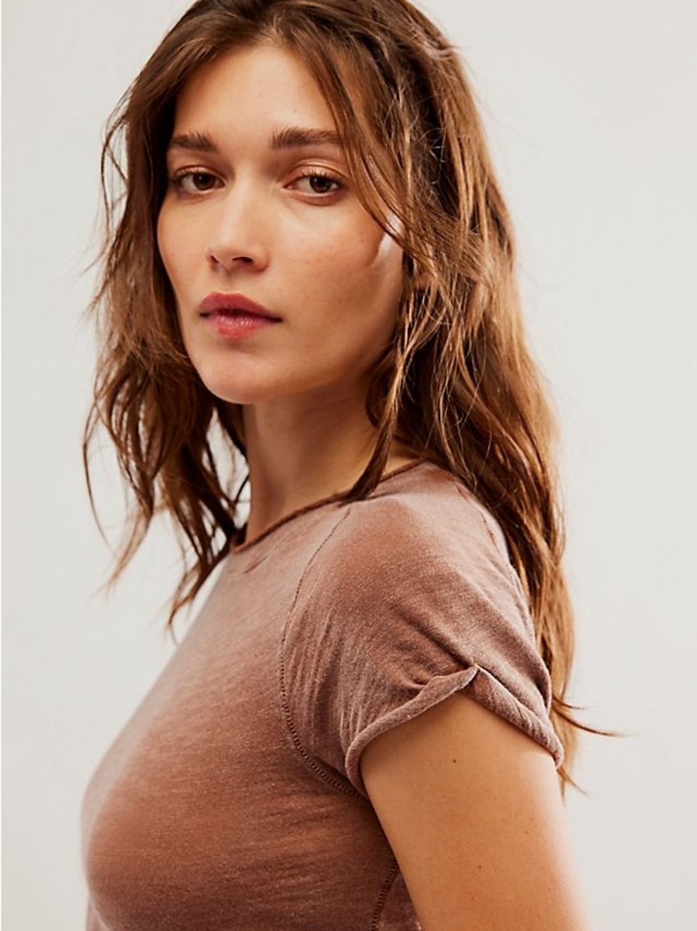 Free People We the Free Be My Baby Tee Cropped Brown Tee with Lettuce Hem - Picture 3 of 7